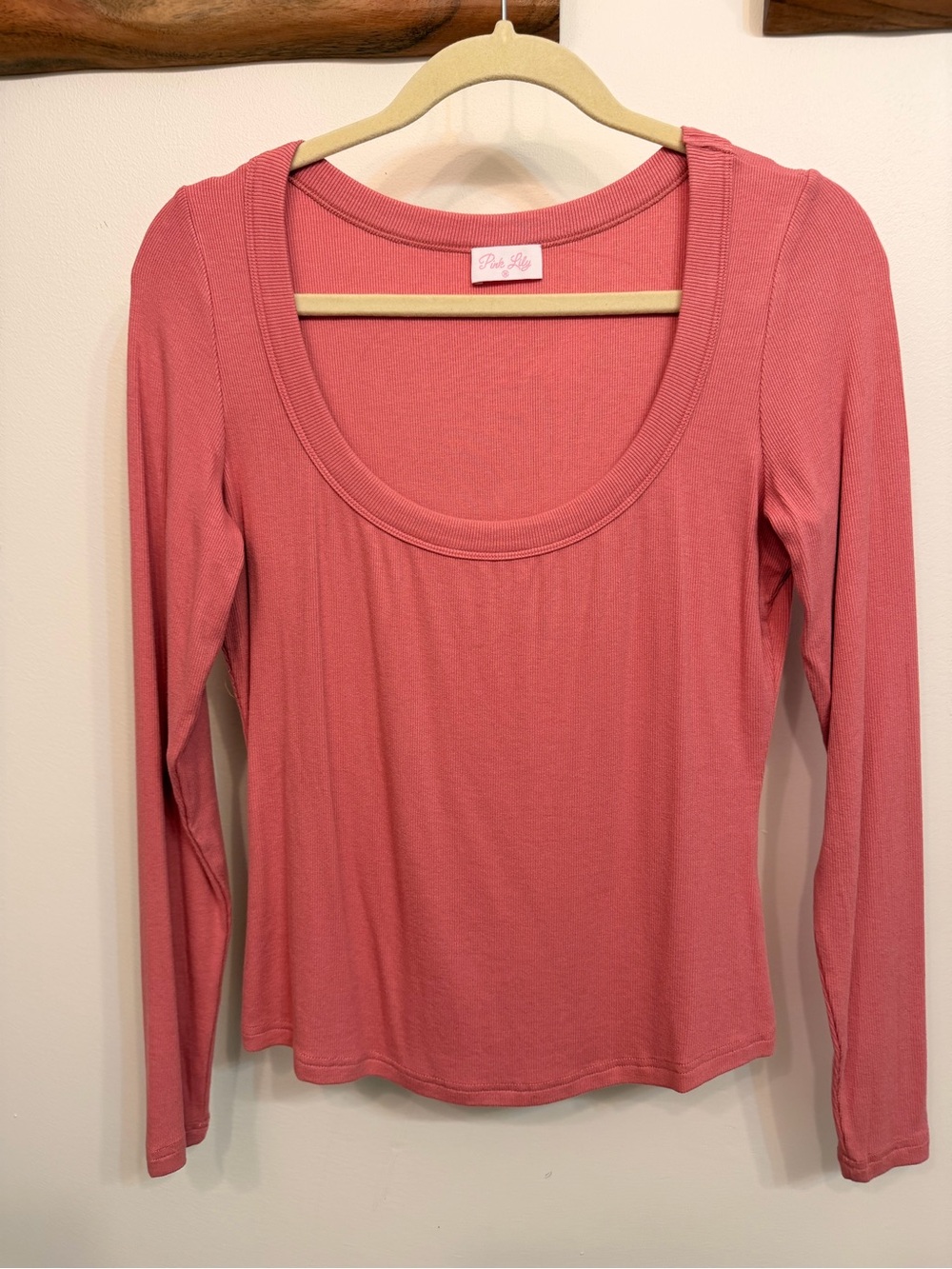 Pink Lily Scoop Neck Long Sleeve Top - Coral Pink